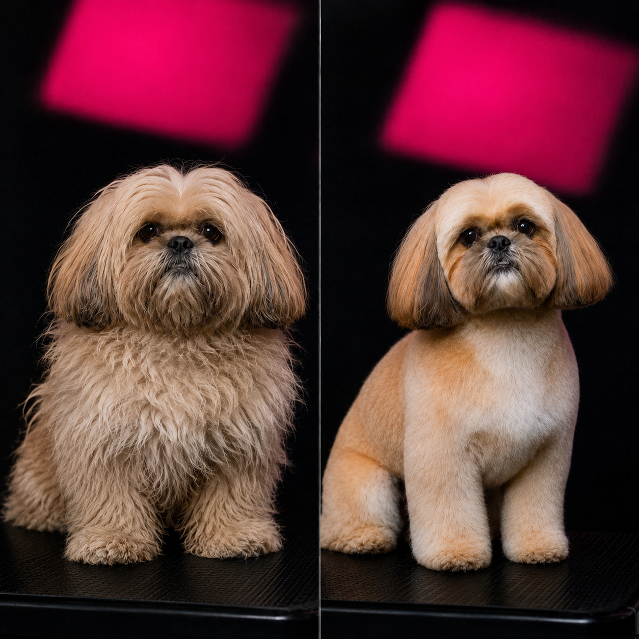Antes e depois da tosa profissional de Shih-Tzu